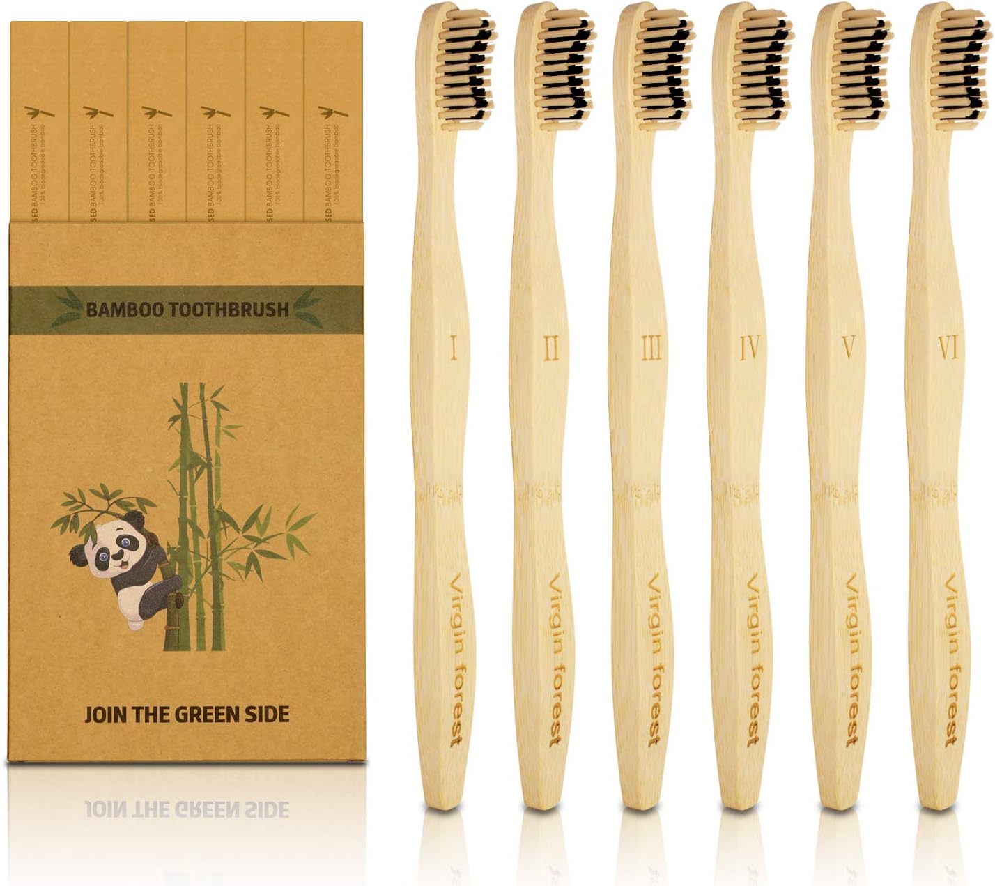 Virgin Forest Bamboo Toothbrush, Biodegradable Soft Bristles Toothbrushes, Wooden Toothbrush with Wave-Shaped Two-Color Bristles and Larger Thicker Handle (6 Pcs)