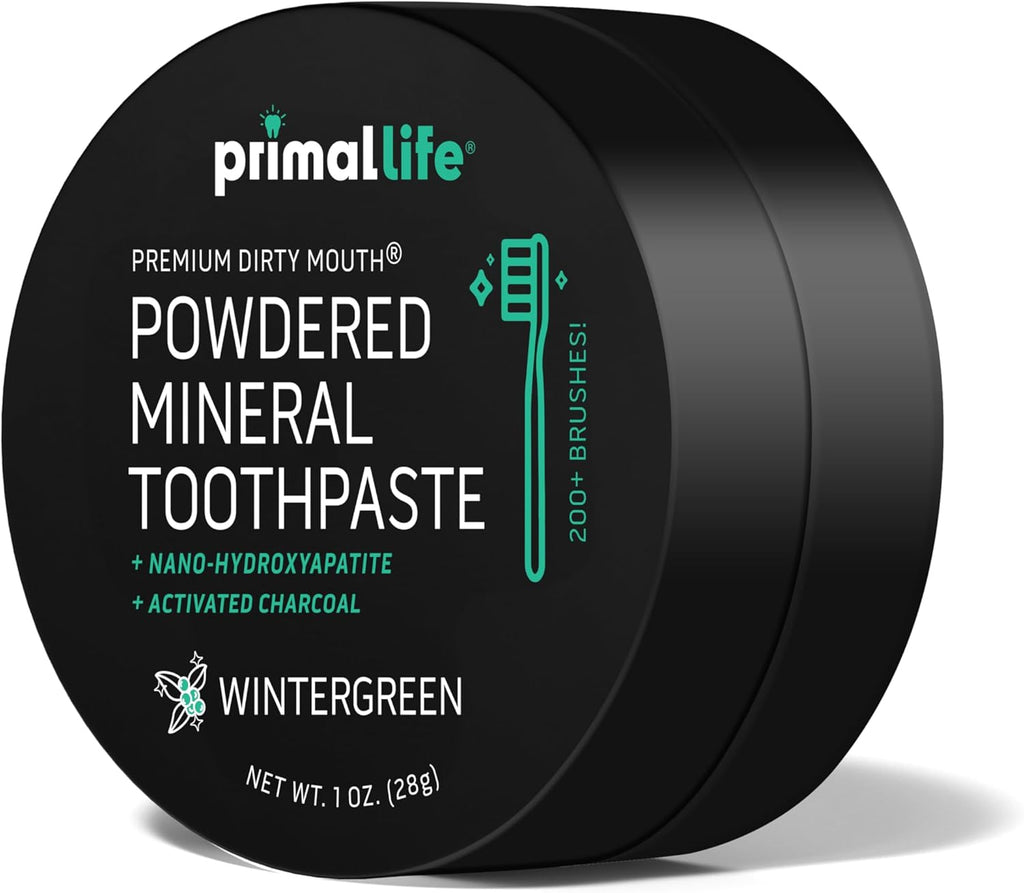 Primal Life Organics - Dirty Mouth Toothpowder, Activated Charcoal Tooth Cleaning Powder, Essential Oils Natural Kaolin & Bentonite Clay, 200+ Brushings Organic Vegan (Charcoal Wintergreen, 1 oz)