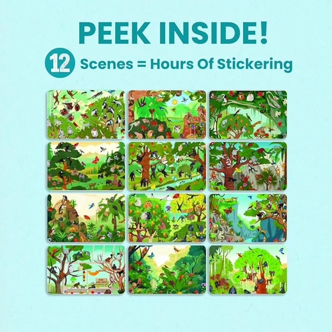 Cupkin Monkey Animal Sticker Book Activity for Kids, Toddler Airplane Travel Essentials, 500+ Animal Stickers for Kids + 12 Scenes + 12 Coloring Book Pages, Monkey Gift, Crafts Ages 2-8