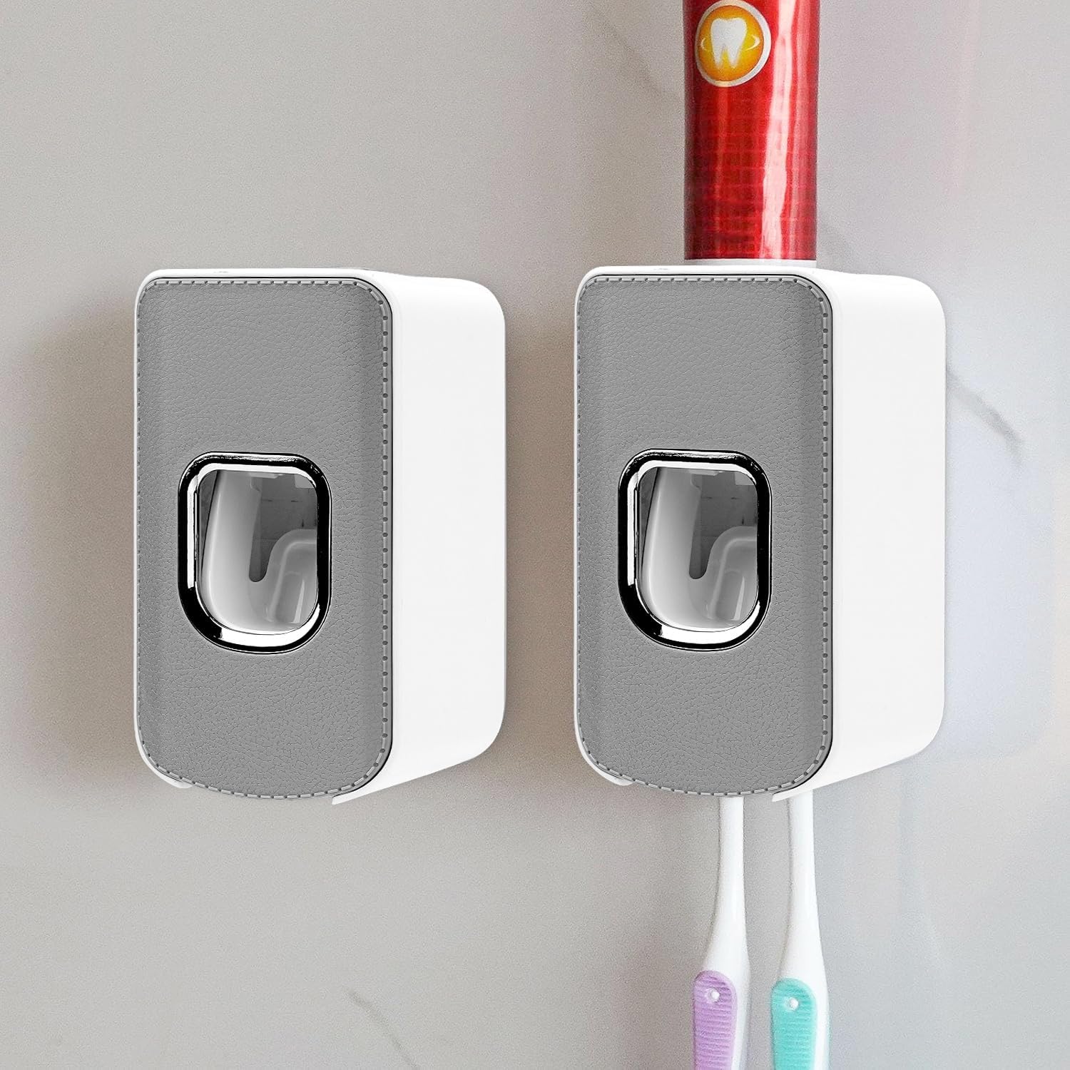 2 Slot Toothbrush Holder and Toothpaste Dispenser Wall Mounted, Automatic Toothpaste Squeezer, 2 in 1 Tooth Brush Toothpaste Organizer for Shower (Grey 2Pack)