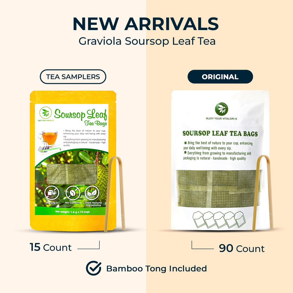 Soursop Graviola Leaf Tea Bags, 90 Count, Bamboo Tong Included, No Sugar Added, No Caffeine, Hoja De Guanabana, Re-Steep Morning Herbal Detox Tea for Relax, Refreshing & Pure Taste
