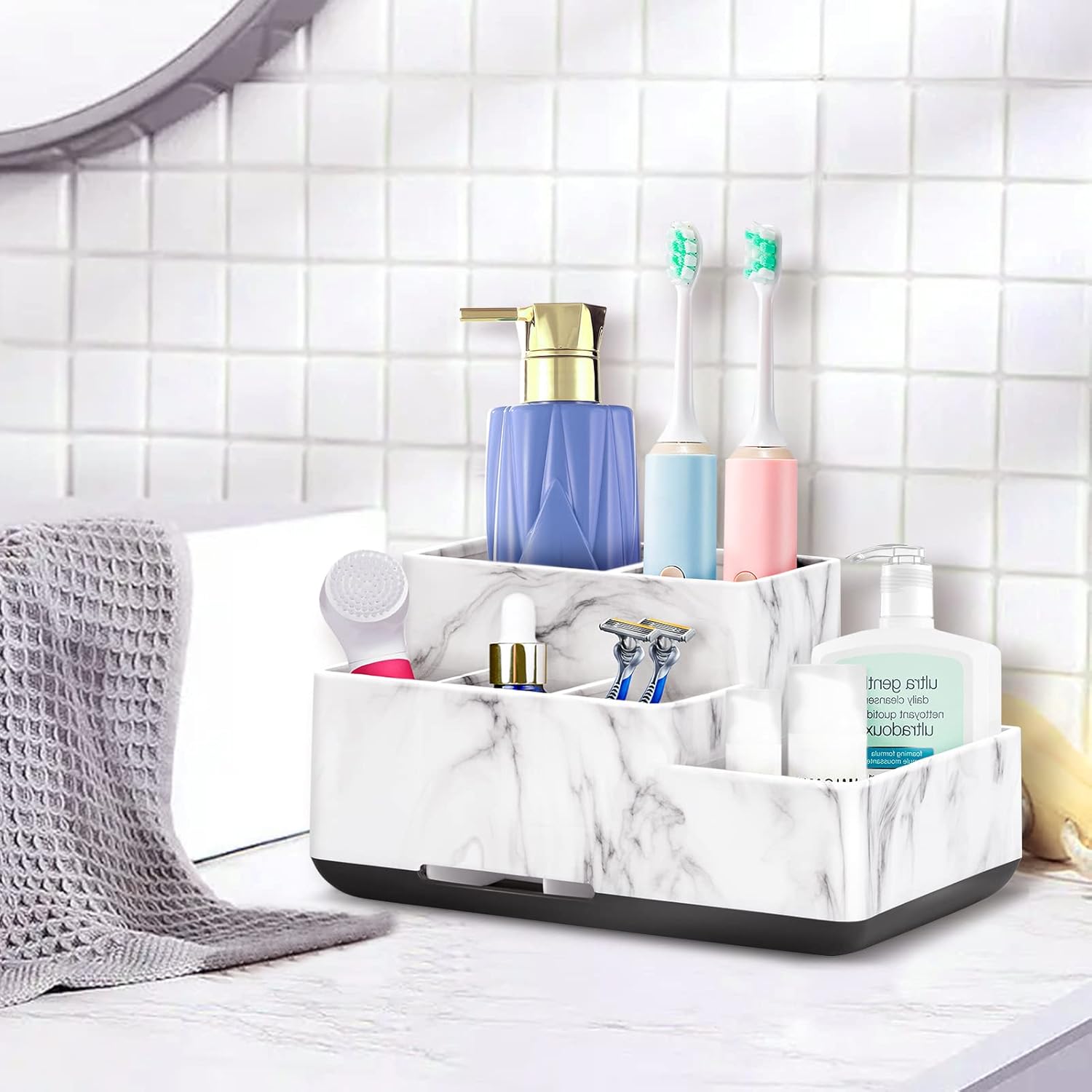 Toothbrush Holder,Bathroom Organizer Countertop, 5 Compartments Multifunctional Storage for Cosmetic, Makeup, Office Stationery Pencil,Toothpaste, Toothbrush,Ideal Gift for Home, Office