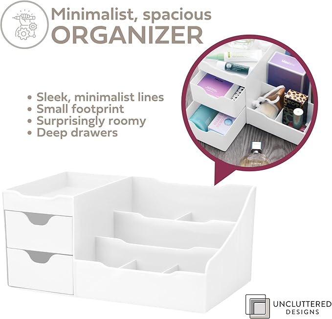 Uncluttered Designs Large Makeup Organizer for Vanity - Countertop Desk With Drawers for Cosmetic, Beauty, Hair, Nail, Perfume & Skincare - Perfect for Bathroom & Bedroom Storage (White)