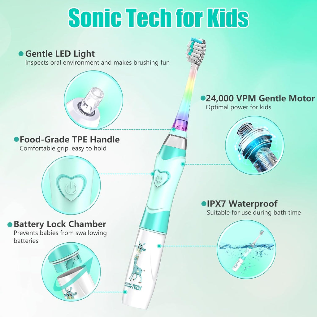 Kids Electric Toothbrush Toddler Toothbrush Age 2-4-8-12 Electric Toothbrush Kids with Timer Rainbow LED Light Up Vibrating Toothbrush Battery Operated Childrens Sonic Tooth Brush (Green Giraffe)