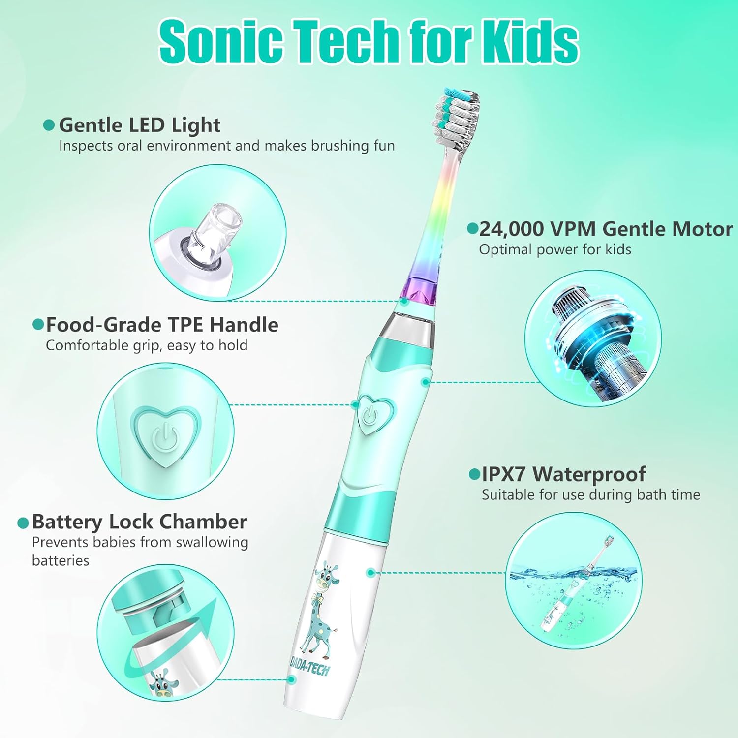 Kids Electric Toothbrush Toddler Toothbrush Age 2-4-8-12 Electric Toothbrush Kids with Timer Rainbow LED Light Up Vibrating Toothbrush Battery Operated Childrens Sonic Tooth Brush (Green Giraffe)