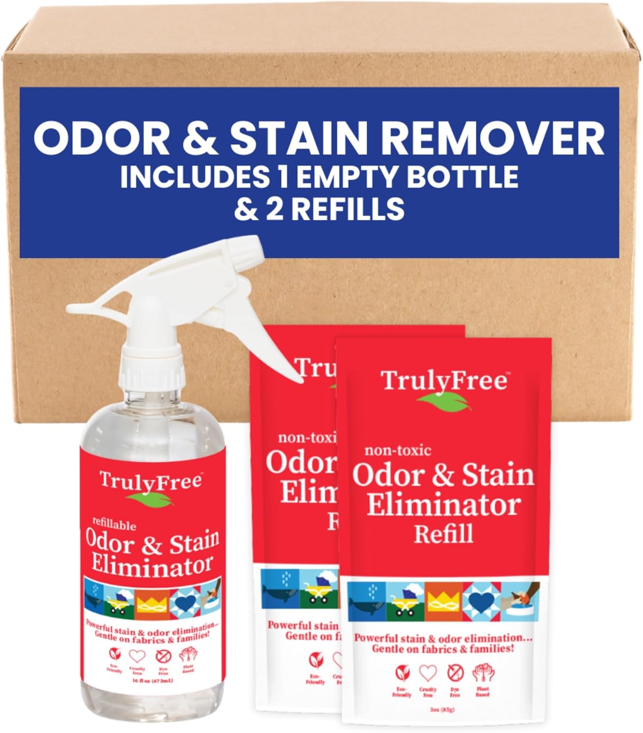 Truly Free Multi-Purpose Odor & Stain Eliminator, Pet Odor Eliminator for Home & Stain Remover for Carpet, Couch, Rugs & More, Upholstery Deodorizer, Includes 1 Empty Bottle Spray & 2 Refill (3 oz ea)