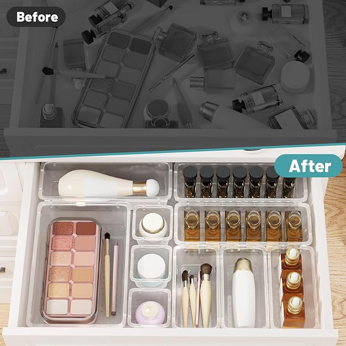 WOWBOX 8 PCS Clear Plastic Drawer Organizer Set, 4 Sizes Desk Drawer Organization and Storage Containers for Makeup, Cosmetics, Jewelry and Gadgets in Kitchen, Bathroom, Bedroom, Office, Clear
