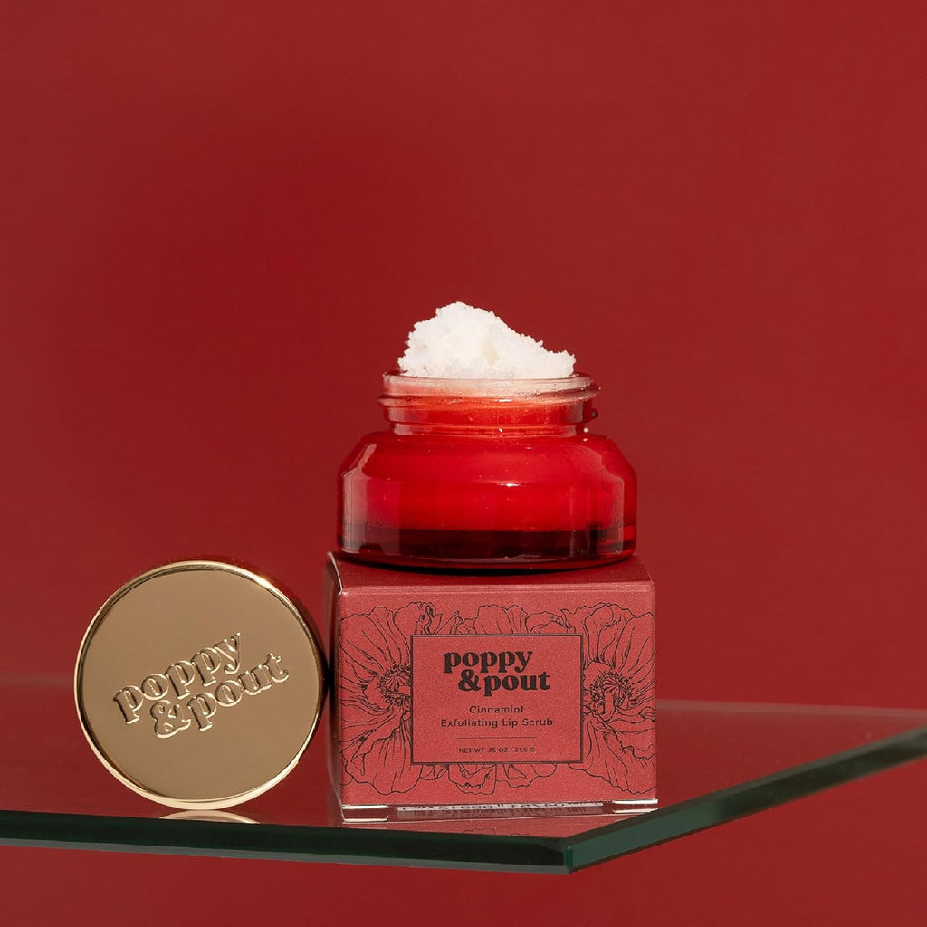 Poppy & Pout Lip Care Set | Lip Balm & Scrub | Sustainable Cardboard Tubes & Glass Jars, All Natural, Beeswax, Coconut Oil, Cruelty Free, Exfoliating & Moisturizing Lip Treatment (Cinnamint)