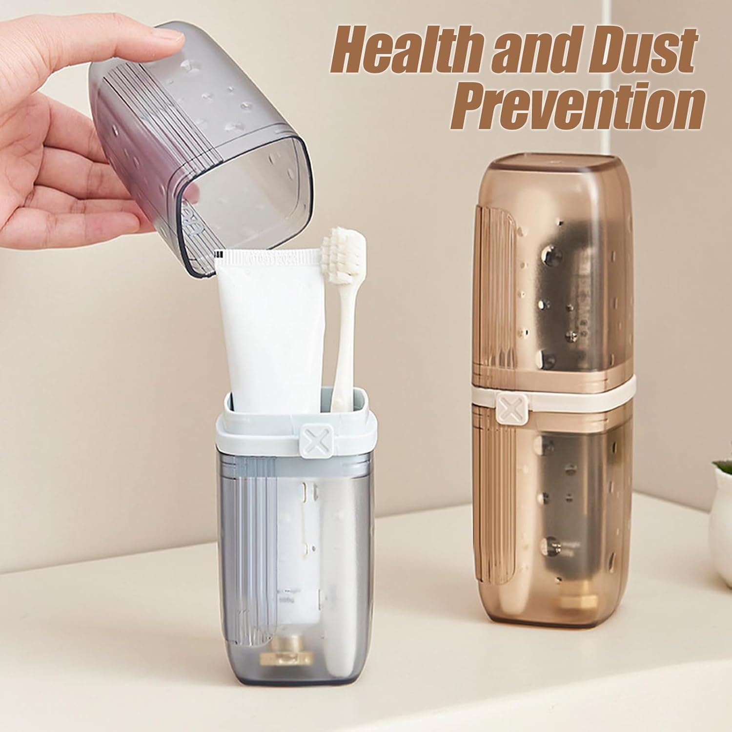 Travel Toothbrush Case & Holder - 2-in-1 Portable Toothbrush Organizer with Cover, Electric Toothbrush Travel case - Toothbrush Holders Travel Case for Camping, Business Trips, Dorm (Light Brown)