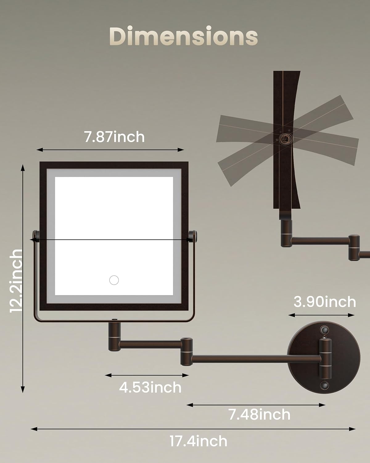 Rechargeable Wall Mounted Makeup Mirror with Lights, 4000mAh Double Sided 1X/10X Magnifying Vanity Mirror with 3 Color Lights, Touch Dimmable, 360° Extension Foldable Arm(Oil Rubbed Bronze
