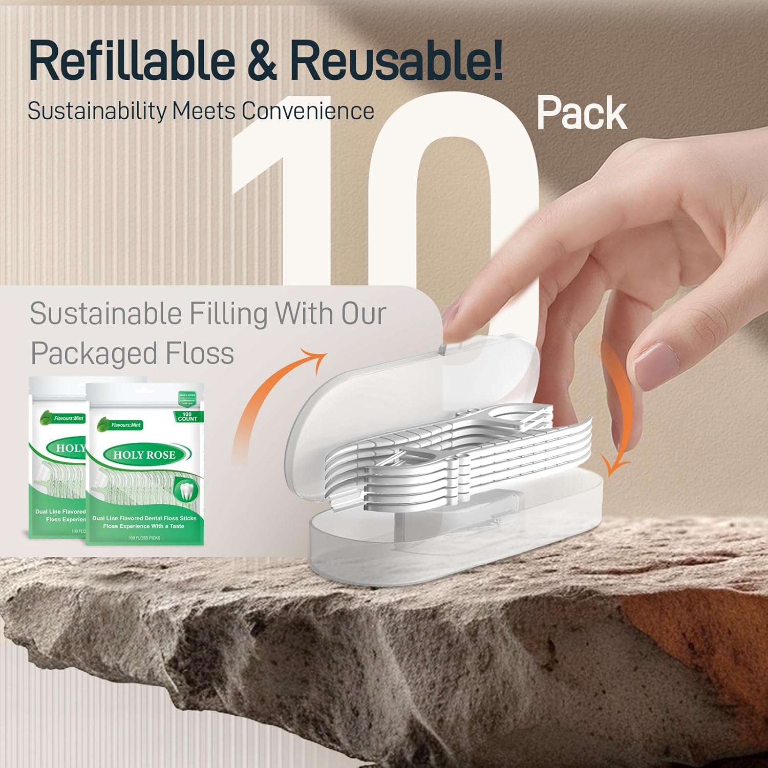 Holy Rose Dental Floss Picks Holder, Mini Flossers Portable Case 6 Box, Mint Flavor for Double String Flossing 60 Count Providing Adults Travel with Perfect Oral Care