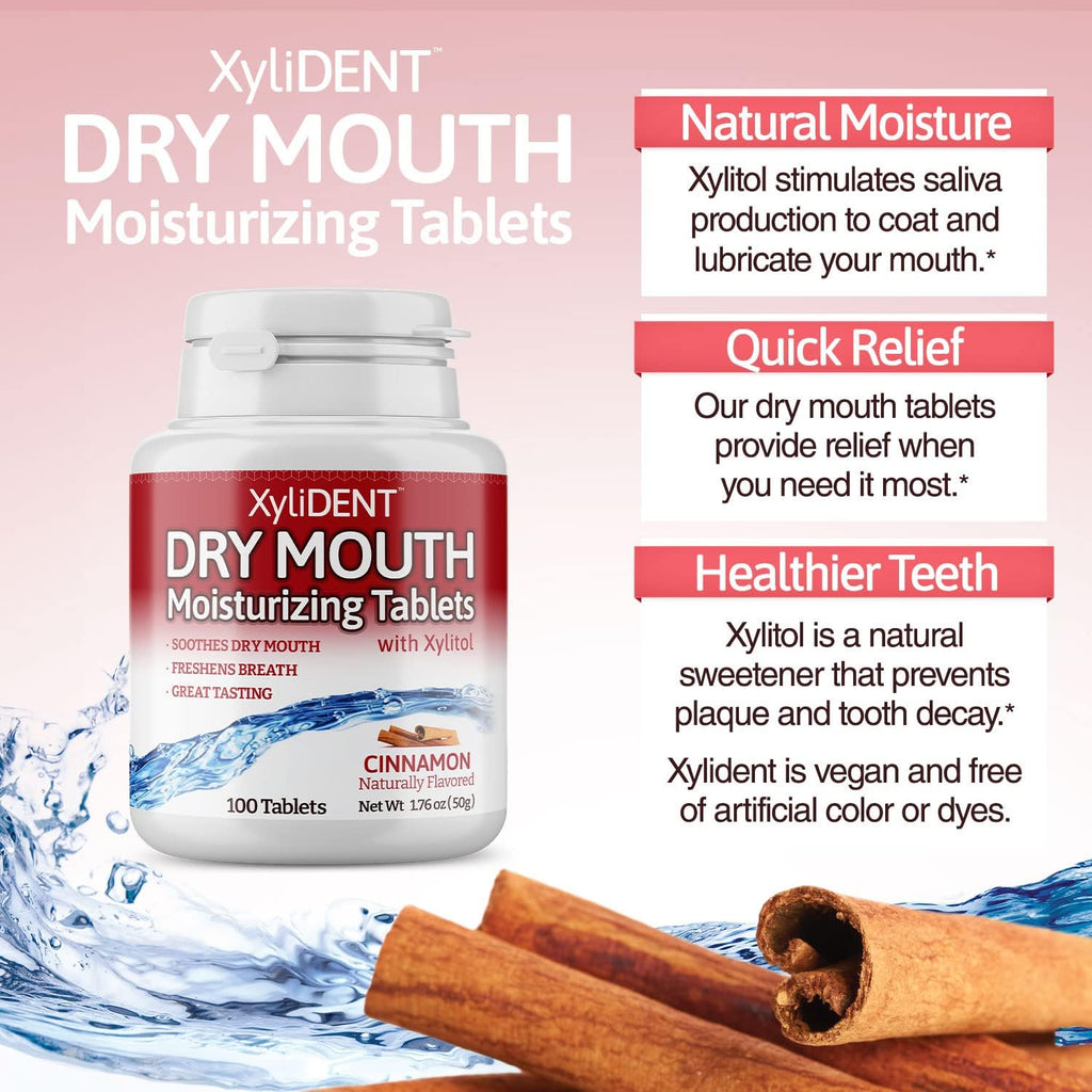 Nature's Stance XyliDENT Xylitol Tablets for Dry Mouth Relief - Stimulates Saliva, Freshens Breath, Reduces Acid Production, Fast Acting Relief, 100 Count (Cinnamon)