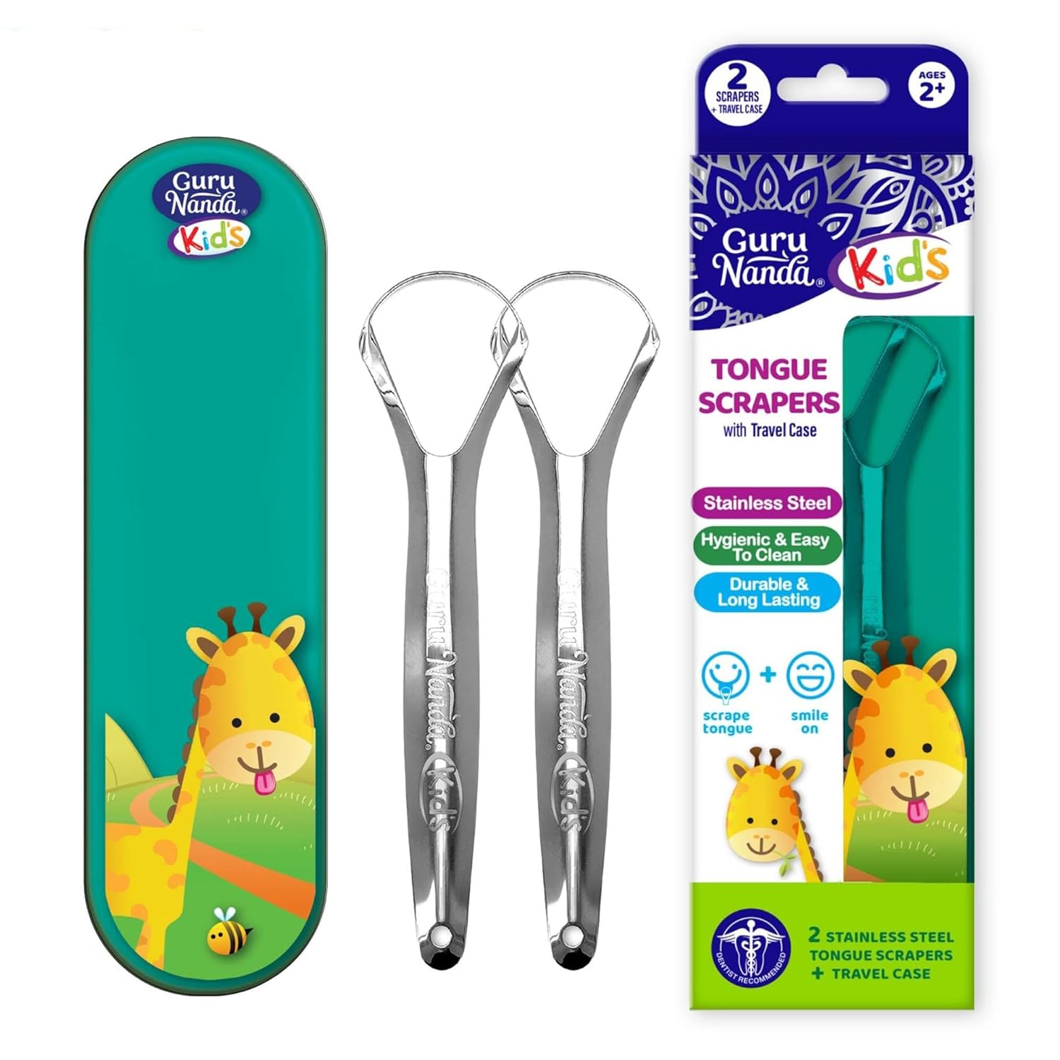 GuruNanda Kids Tongue Scraper (2-Pack) with Travel Case, Stainless Steel, Aids in Fresh Breath - Travel-Friendly Tongue Cleaner (Green/Pink/Orange)