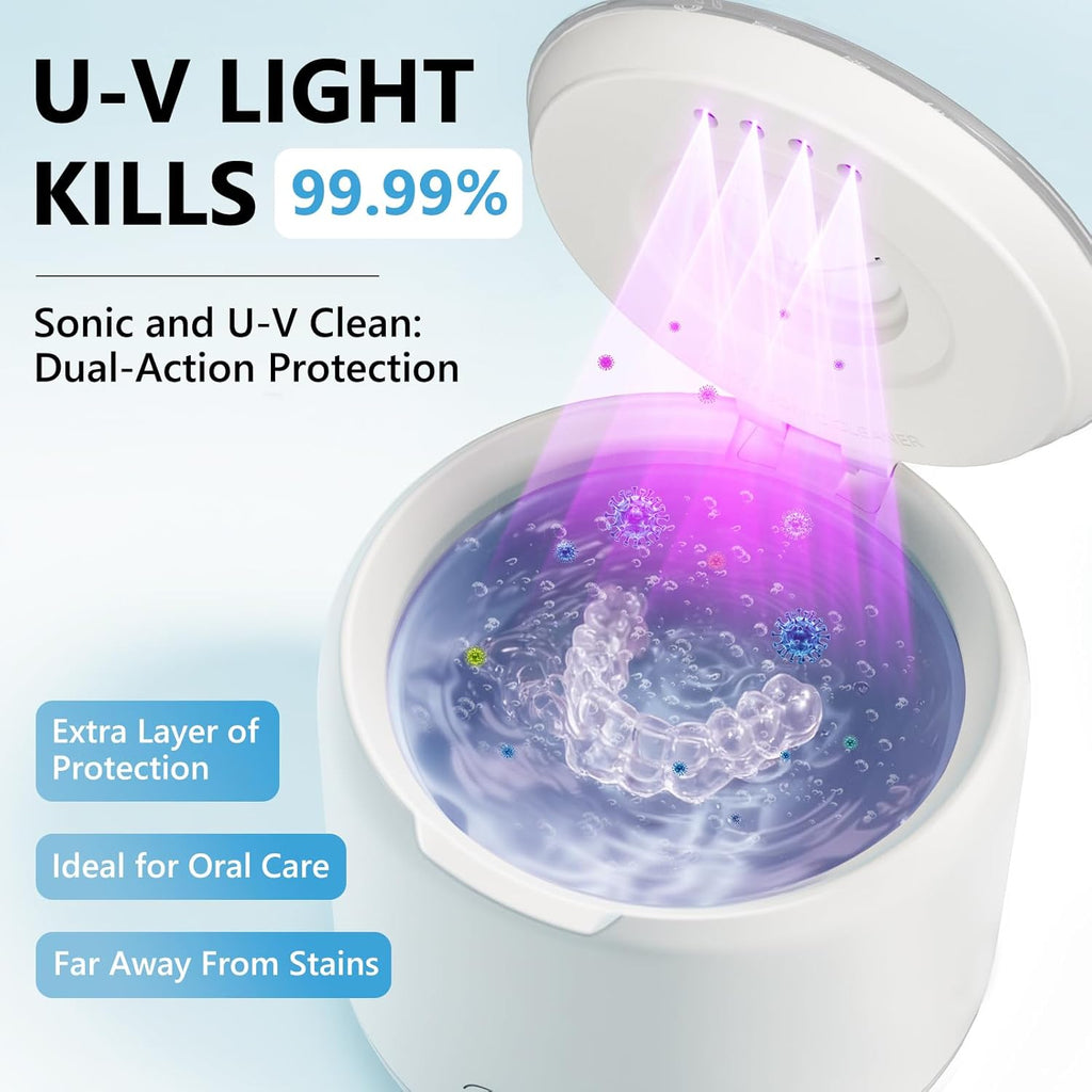 Rechargeable Ultrasonic Retainer Cleaner Machine, 46kHz Portable Dental Cleaning Pod for Night Mouth Guards, Braces, Jewelry, Aligner- 2500mAh Battery for Travel & Home