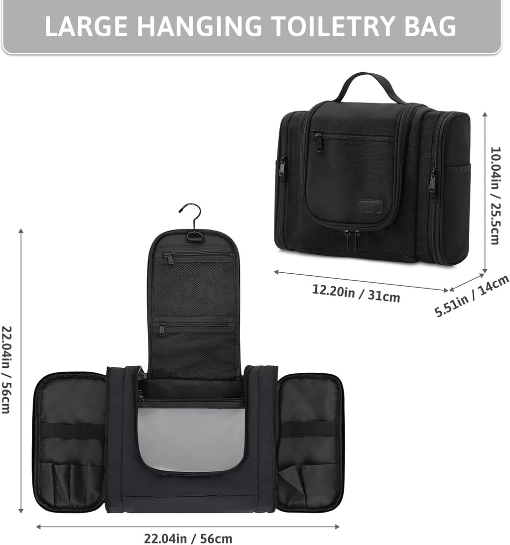 Pearl Angeli Hanging Toiletry Bag for Women, Large Makeup Cosmetic Bag, Water Resistant Toiletries Travel Essentials Organizer, Full-size Container, Black