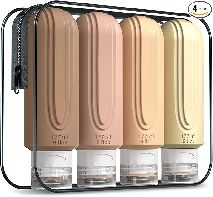 Travel Bottles for Toiletries, Large 6oz Oversize Containers, BPA Free Leak Proof Tubs Refillable Liquid Traveler Accessories with Toiletry Bag for Cometic Shampoo and Lotion Soap (4 Pack)