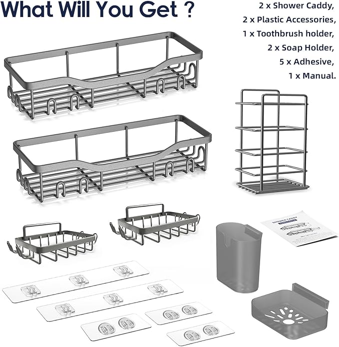 Shower Caddy Adhesive Shower Organizer 7-Pack, Rustproof Stainless Steel Bathroom Shelves, Large Capacity No-Drill Rack Storage Accessories with Soap Dish Toothbrush Holder Hooks (Gray)