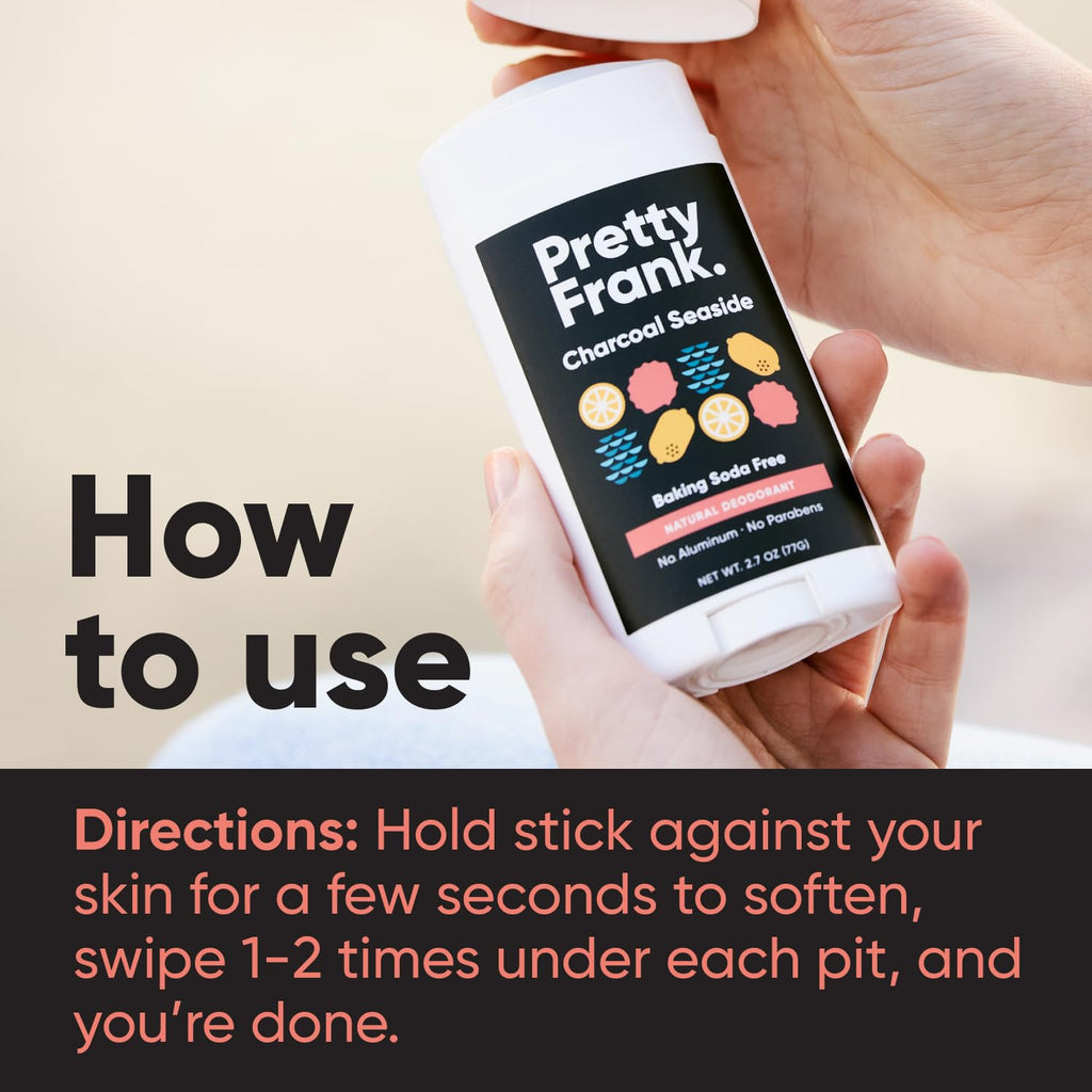 Pretty Frank Natural Aluminum-Free Deodorant Stick with Charcoal, Baking Soda-Free, Charcoal Seaside (2-Pack) | Sensitive Skin Friendly, Effective Odor Control for Women & Men, Organic Ingredients