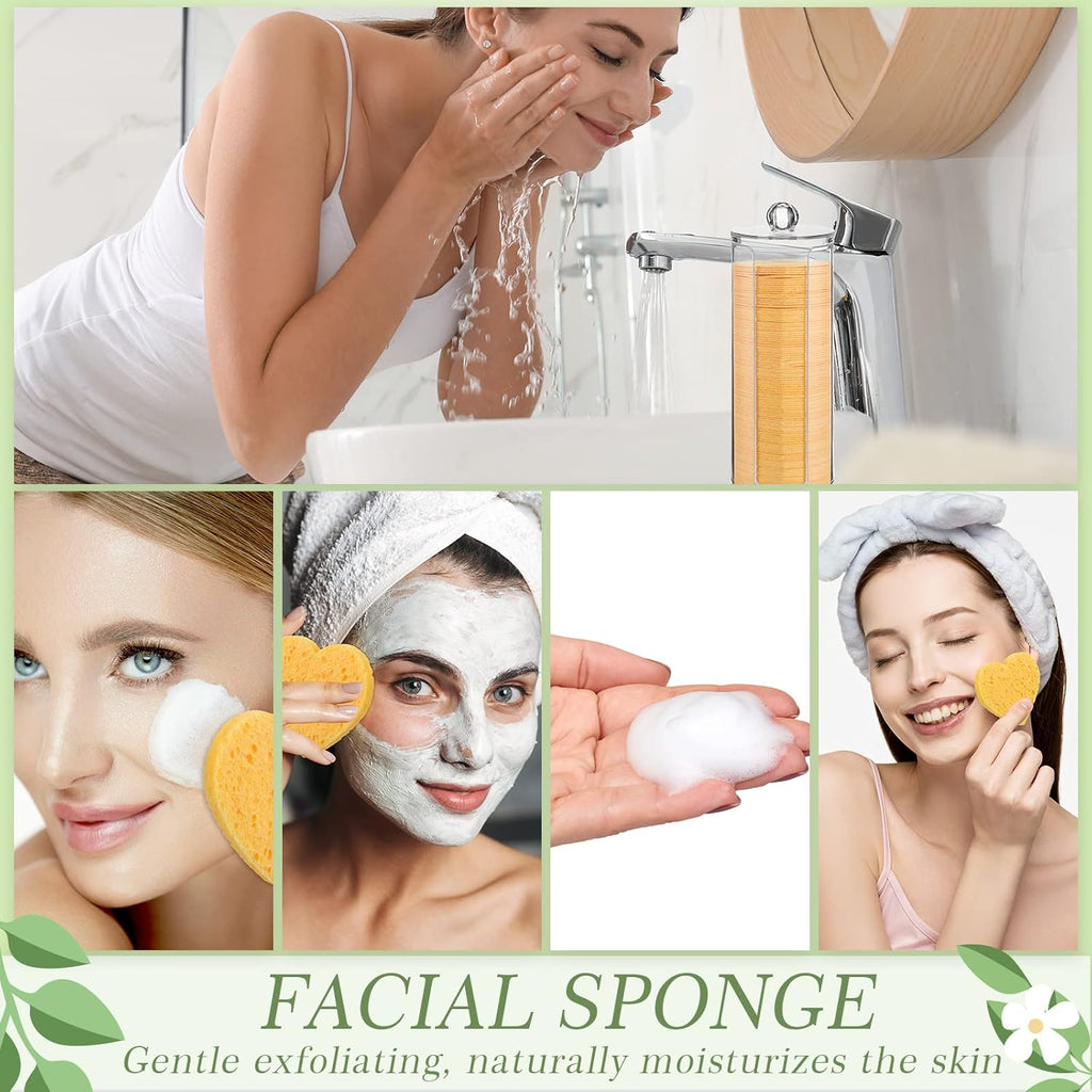 Sieral 120 Pcs Compressed Facial Sponges with Container Disposable Face Sponge Pads for Washing Face Cleansing Exfoliating Esthetician Makeup Removal(Heart,Yellow)