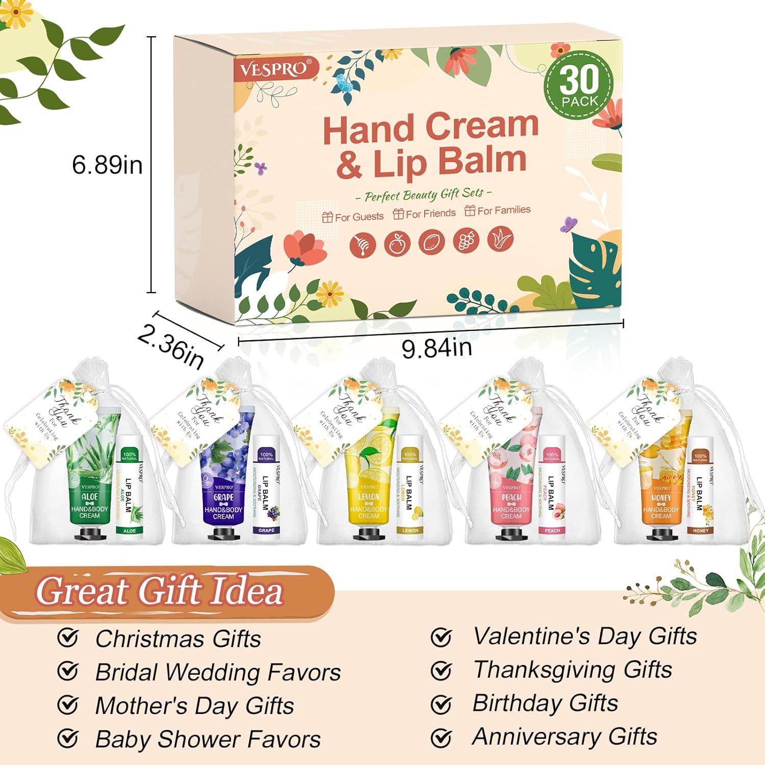 30 Sets Bulk Hand Cream and Bulk Lip Balm Gifts, Stocking Stuffers for Women, Wedding Favors for Guests with Thank You Card and Organza Bags, Christmas Gifts, Employee Appreciation Gifts