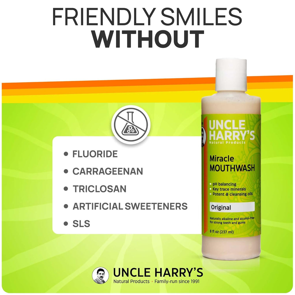 Uncle Harry's Natural Alkalizing Miracle Mouthwash | Adult & Kids Mouthwash for Bad Breath | pH Balanced Oral Care Mouth Wash & Mouth Rinse (8 fl oz)