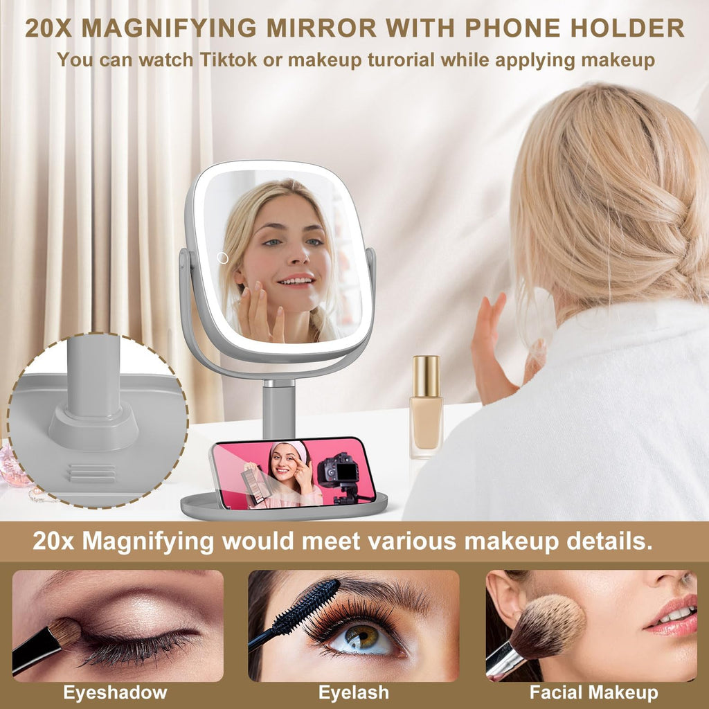 Mocado Makeup Mirror with Lights, 1X/20X Magnifying Mirror with Light, Vanity Mirror with 3 Colors Lights, Height Adjustable Lighted Makeup Mirror, Double Sided 360°Rotation, Memory Function (Grey)