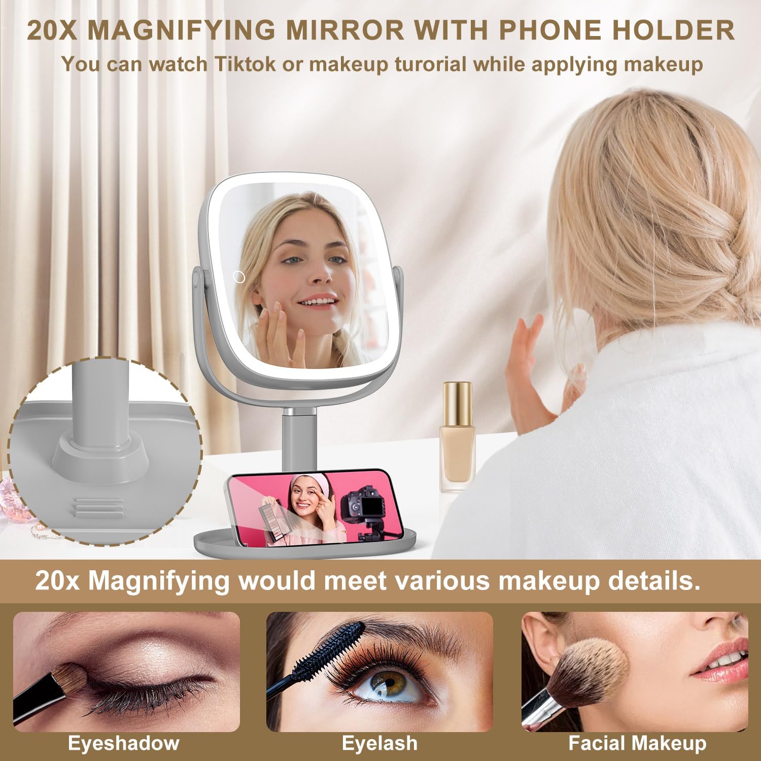 Mocado Makeup Mirror with Lights, 1X/20X Magnifying Mirror with Light, Vanity Mirror with 3 Colors Lights, Height Adjustable Lighted Makeup Mirror, Double Sided 360°Rotation, Memory Function (Grey)