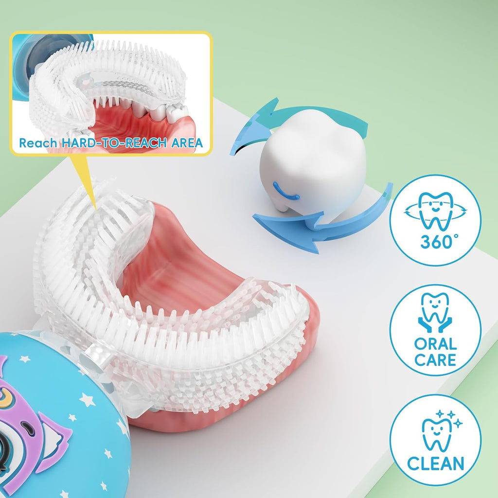 Kids Toothbrush Electric, U Shaped Ultrasonic Automatic Toothbrush with 4 Brush Heads,2 Cleaning Modes, Cartoon Modeling Design for Kids, Age 2-12