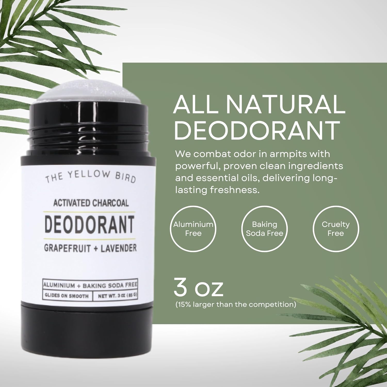 Natural Charcoal Deodorant - Baking Soda & Aluminum Free, For Men & Women, Sensitive Skin Friendly, Vegan, with Lavender, Grapefruit Essential Oils | 3oz | Made in USA