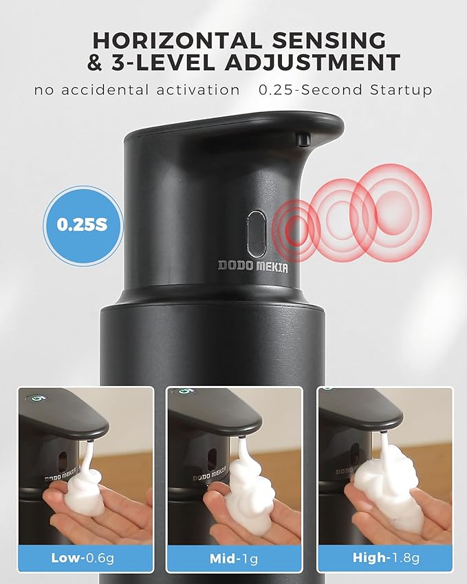 Automatic Foaming Soap Dispenser Touchless, 304 Stainless Steel Bottle Body & 16.2oz/480ml,USB Rechargeable, 3 Adjustable Liquid Levels, IPX7 Waterproof, for Kitchen Bathroom, Black