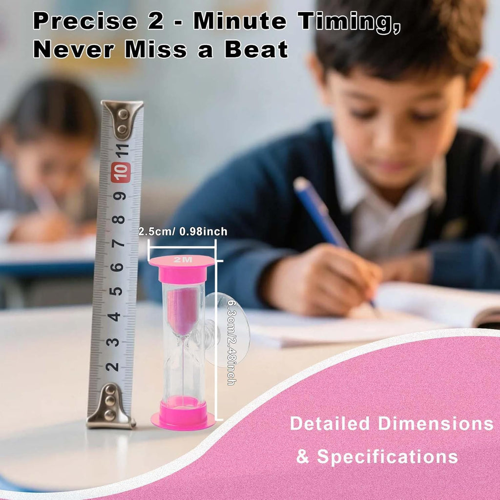 2 Minute Sand Timer with Sauction Cup, Small Blue and Pink Acrylic Hourglass Sand Clock Set, Plastic Glass Mini Sandglass for Classroom Games Kitchen (Pack of 2)