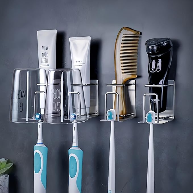 Stainless Steel Adhesive Wall Mounted Toothbrush Holder, 3 in 1 Organizer for Toothbrush, Toothpaste, and Cup (Silver (1 Pack))