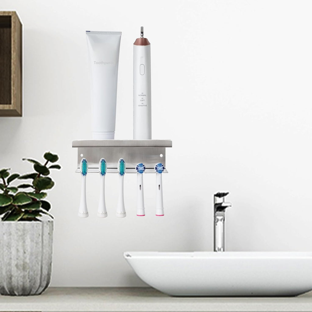 Stainless Steel Toothbrush Holder Wall Mounted - No Drill Bathroom Organizer with 3M Adhesive & Screws, 5-Slot Razor & Electric Toothbrush Holder, Rustproof for Wet Spaces (Silver, 18/8 304 Grade)
