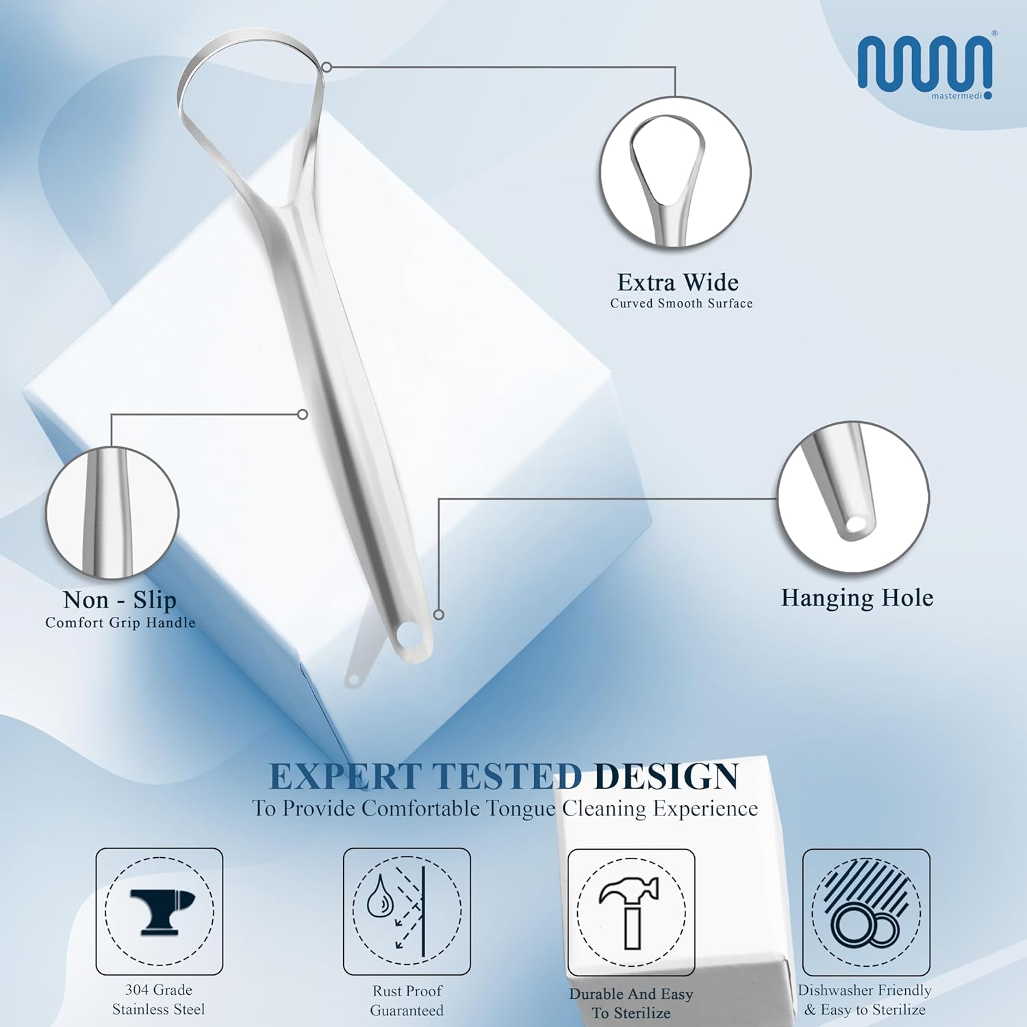 MasterMedi Tongue Scraper for Adults, 100% Stainless Steel for Bad Breath, Easy to Use, Tongue Cleaner for Oral Care (Pack of 3 with 1 Case)