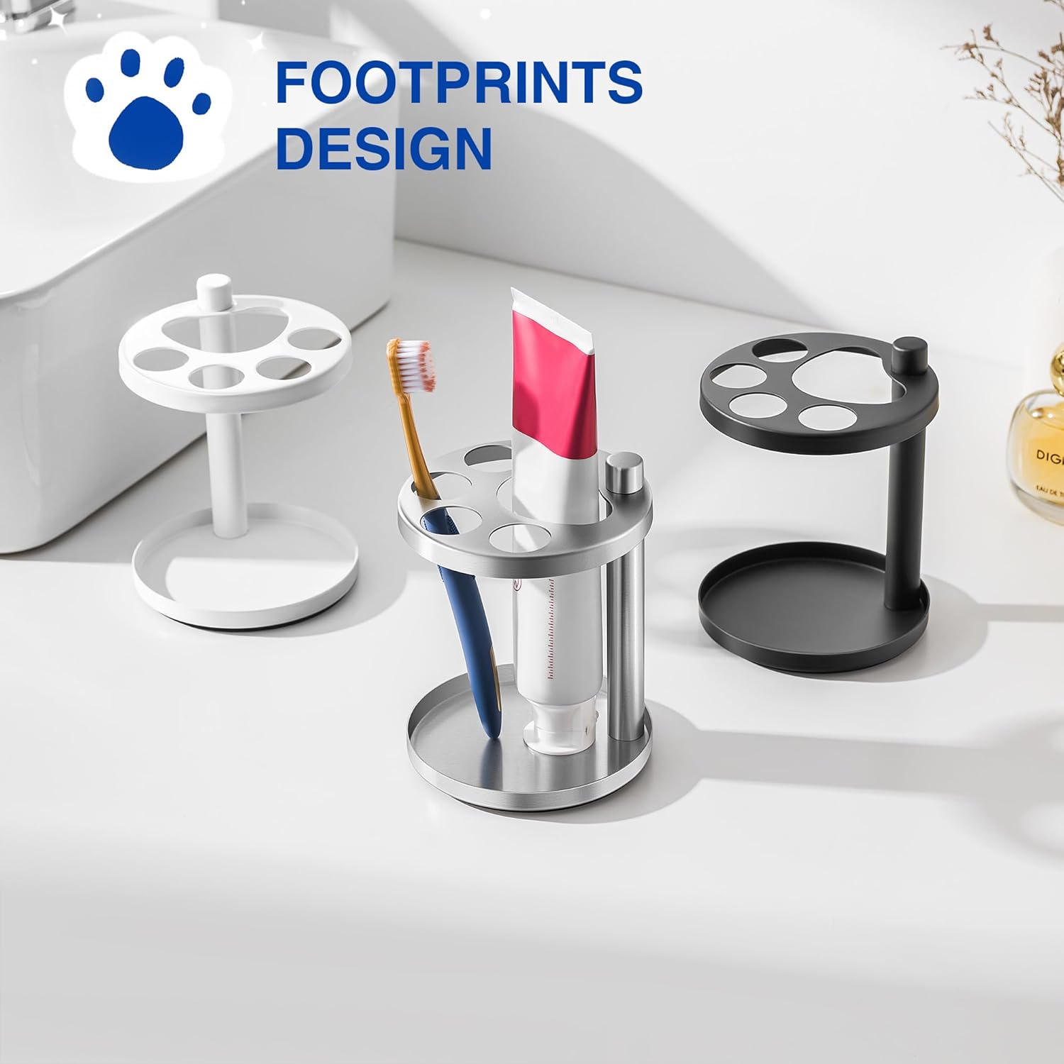 Stainless Toothbrush Holder Stand for Bathroom: Stainless Steel Ventilated Organizer with Slots for Electric Toothbrushes, Toothpaste, Razors & Small Comb, Unique Footprint Base Design, Brushed Silver