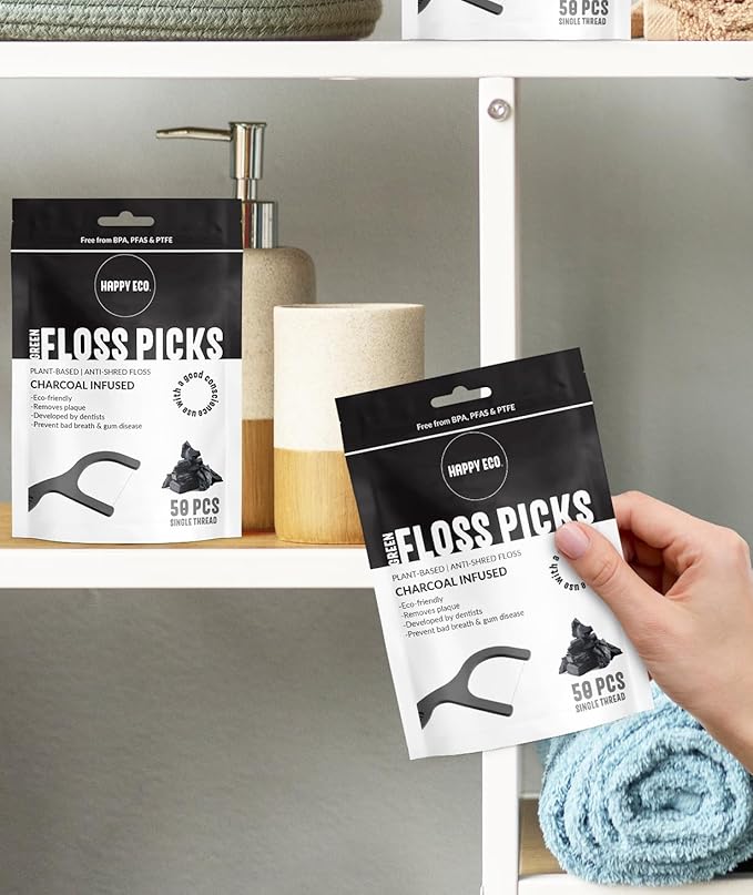 Dental Floss Picks (200pcs) - Flossers for Adults, Vegan Corn-Straw Handle, Superior Oral Care & Anti-Shred Thread, Dental Hygiene, Tooth Pick Sticks, Teeth & Gum Health (Charcoal, Single Thread)