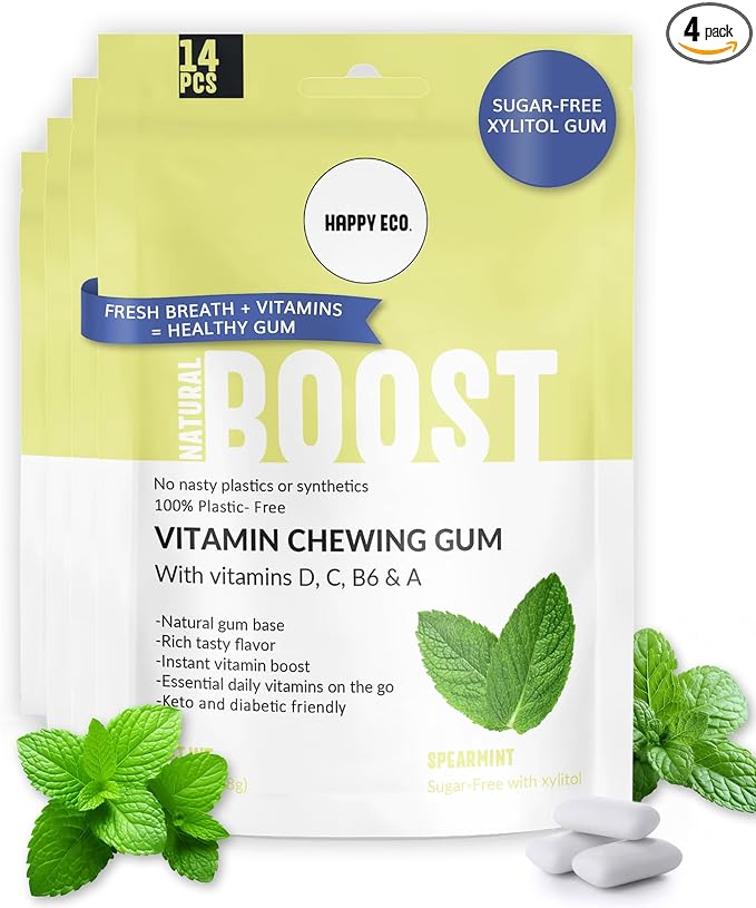 Multivitamin Xylitol Gum (56pcs) - Healthy, Sugar Free, Plastic Free, All Natural Chewing Gum with Vitamin Gum A,B6,C & D, Aspartame Free, Vegan, Gluten Free, Keto (Spearmint)