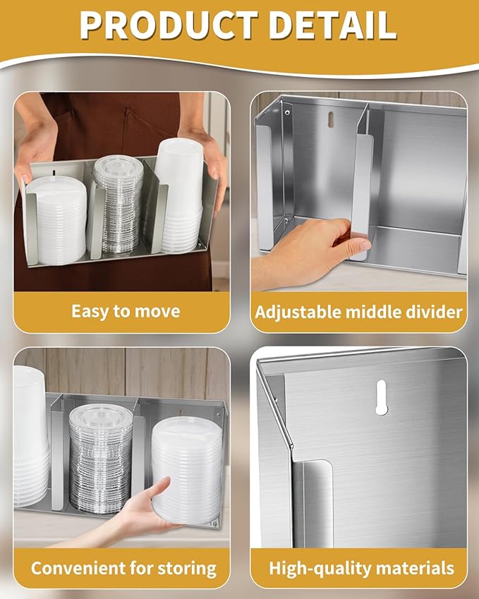 Stainless Steel Cup Dispenser,3 Compartments Cup Holder and Lid Holder with Adjustable Dividers,Cup Organizer for Kitchen Cabinets Cafe Shop Restaurant,Includes Straw Holder