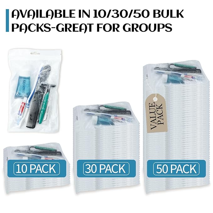 10 Pack Travel Hygiene Kits, 8-in-1 Personal Toiletry Kit -Toothbrush, Toothpaste, Comb, Flossers, Shampoo, Soap, Razor & Shaving Cream, Individually Packed for Travel, Guest Rooms,Vacation Rentals