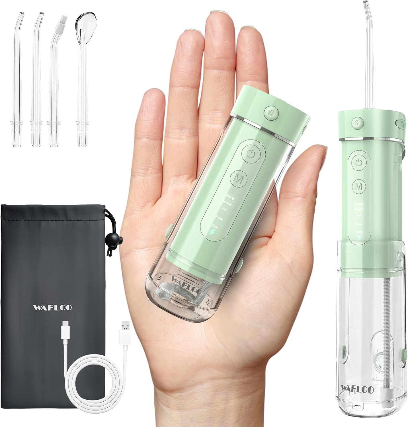 Water Flosser Travel Mini Cordless Portable: 5 Modes Water Dental Floss with Telescopic Water Tank, 4 Tips, IPX7 Waterproof (Green)