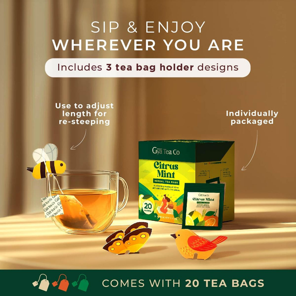 Gya Tea Co Citrus Mint Herbal Tea Bags (20 Bags) - Caffeine Free with a Tangy Flavor for All Day Comfort, Calming, Relaxing & Nourishing - Fruit & Herbal Blends