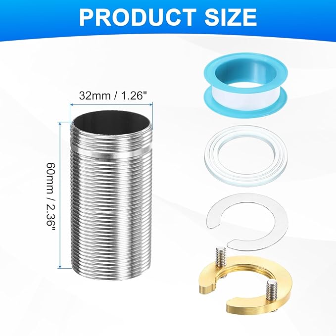 uxcell Faucet Mount Extension Shank 2.4"x 1.25" Stainless Steel Pipe Faucet Extension Nipple Locknut Kit with Stainless Steel Thick Anti-Loose Nut and Gasket Fittings for Basin