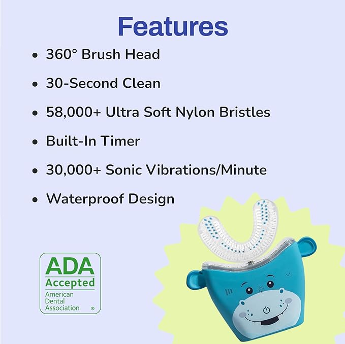 autobrush Kids Electric Toothbrush – Only ADA Accepted U-Shaped Toothbrush, Clinically Proven Up to 5.1X Better Cleaning, 30 Seconds, Full-Mouth 360 Coverage, LED Lights, Music, Ages 9-12, Hippo