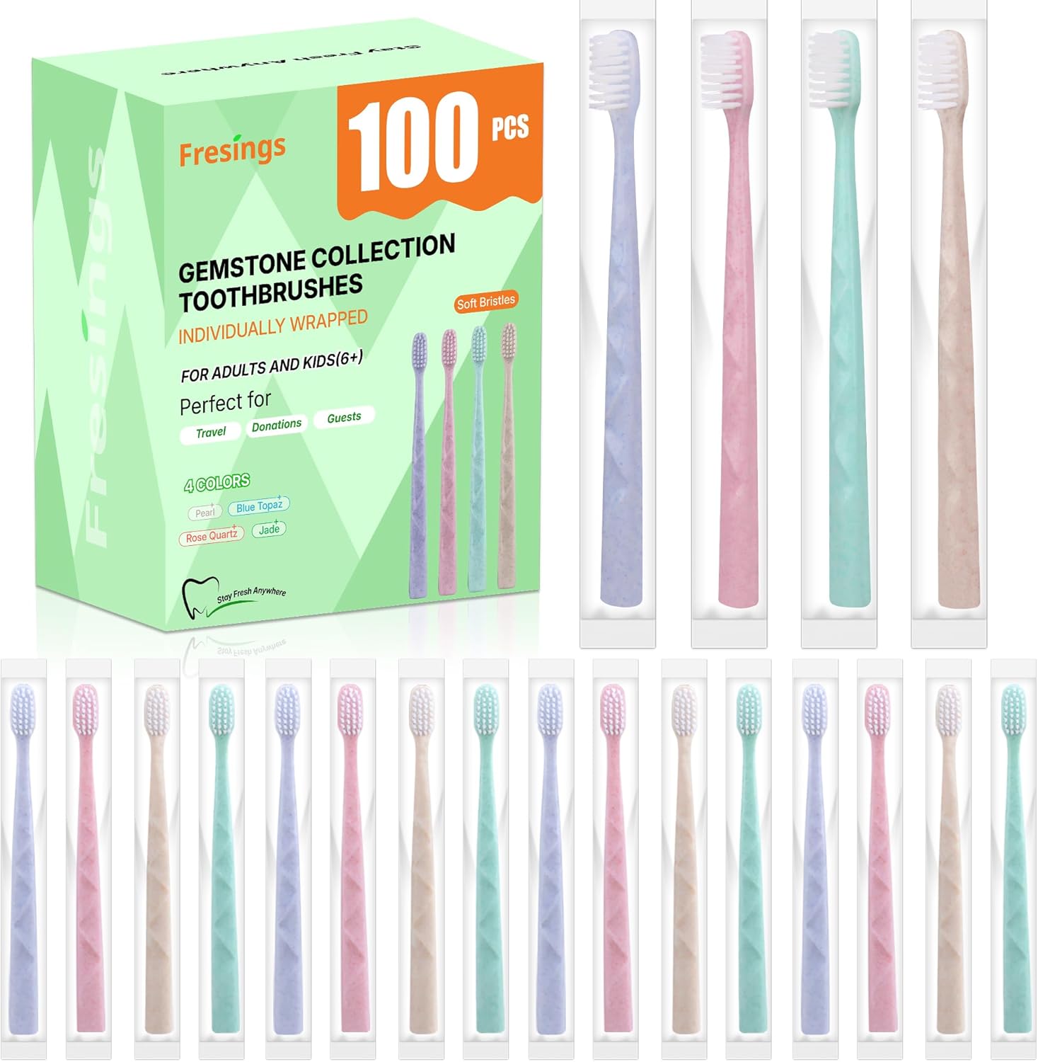 100 Pack Premium Disposable Toothbrush with Tongue Scraper – Individually Wrapped Bulk Travel Toothbrushes, Soft Bristles for Guests, Hotel, Vacation Rental, Home & On The Go,4 Colors