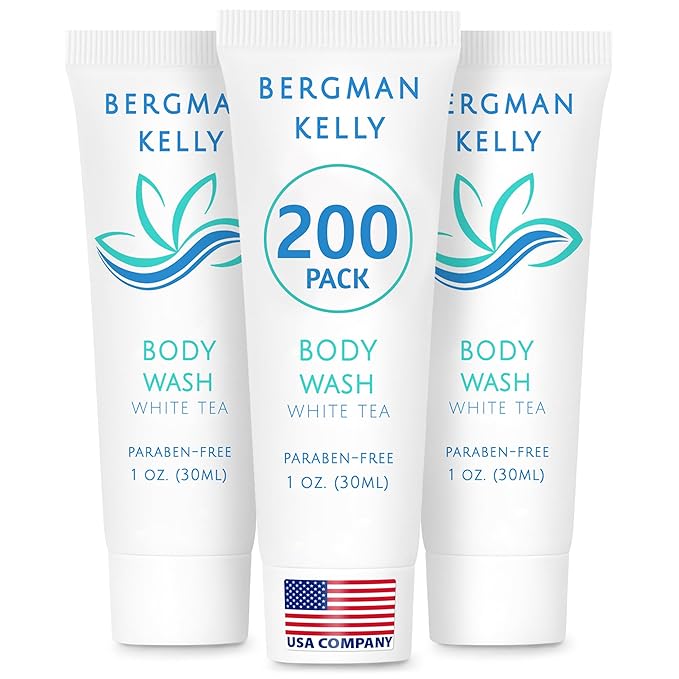 BERGMAN KELLY Travel Size Body Wash (1 fl oz, 200 PK, White Tea), Delight Your Guests with a Revitalizing and Refreshing Hotel Body Wash, Quality Mini and Small Size Guest Hotel Toiletries in Bulk