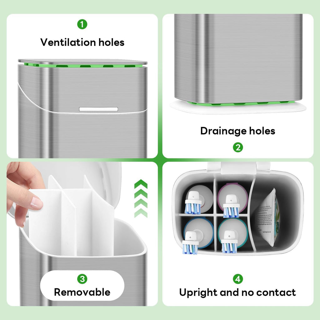 Toothbrush Holders with Cover - Electric Toothbrush Length Less Than 9 inches, 5 Slots Tooth Brush Holder for Bathroom, Detachable Toothpaste Holder Bathroom Organizers with Drainage, Silver