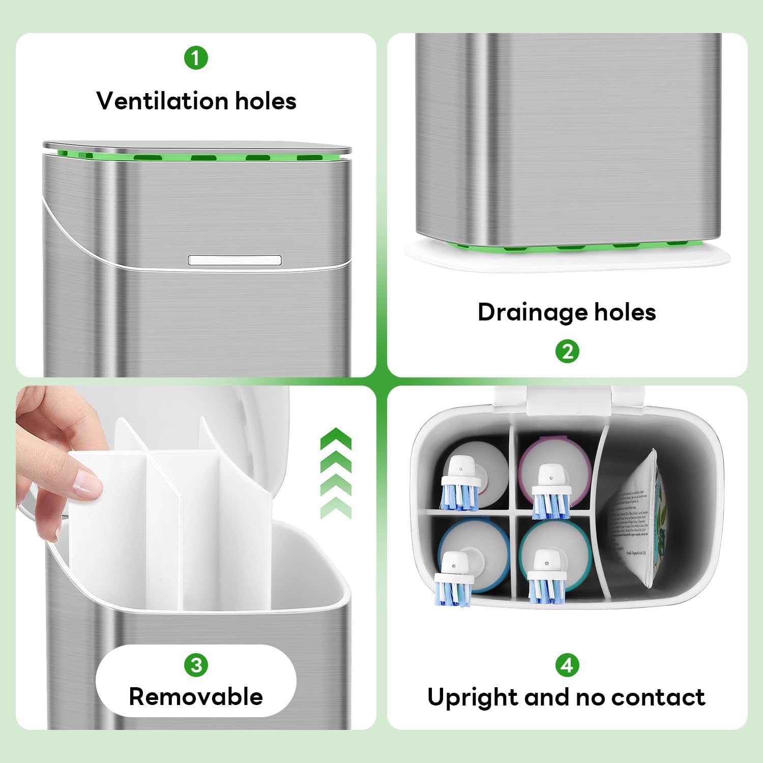 Toothbrush Holders with Cover - Electric Toothbrush Length Less Than 9 inches, 5 Slots Tooth Brush Holder for Bathroom, Detachable Toothpaste Holder Bathroom Organizers with Drainage, Silver