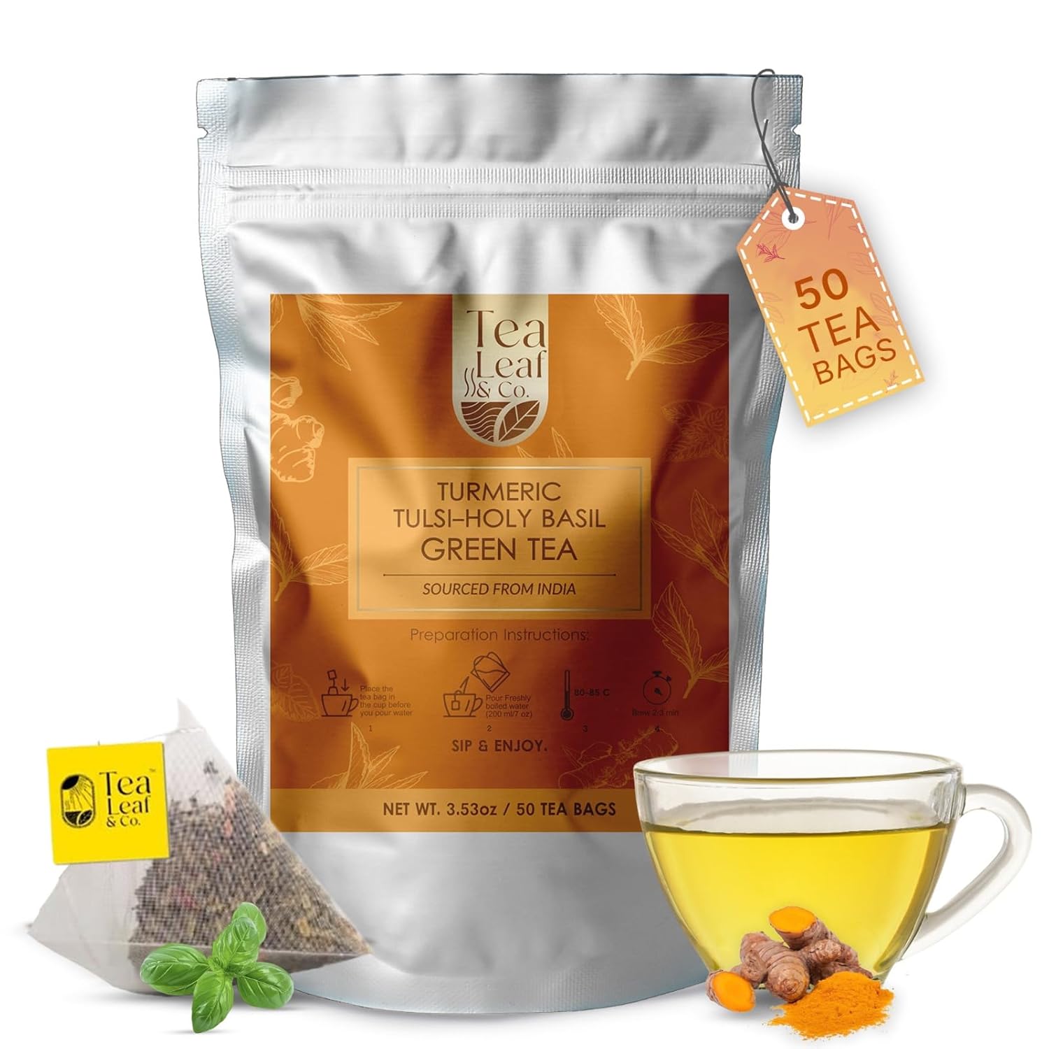 Turmeric Tulsi Tea Bags (50 Count), Green Tea with Turmeric & Peppermint, Stress Relieving, Low Caffeine Gluten Free, Whole Loose-Leaf Pyramid Tea Bags