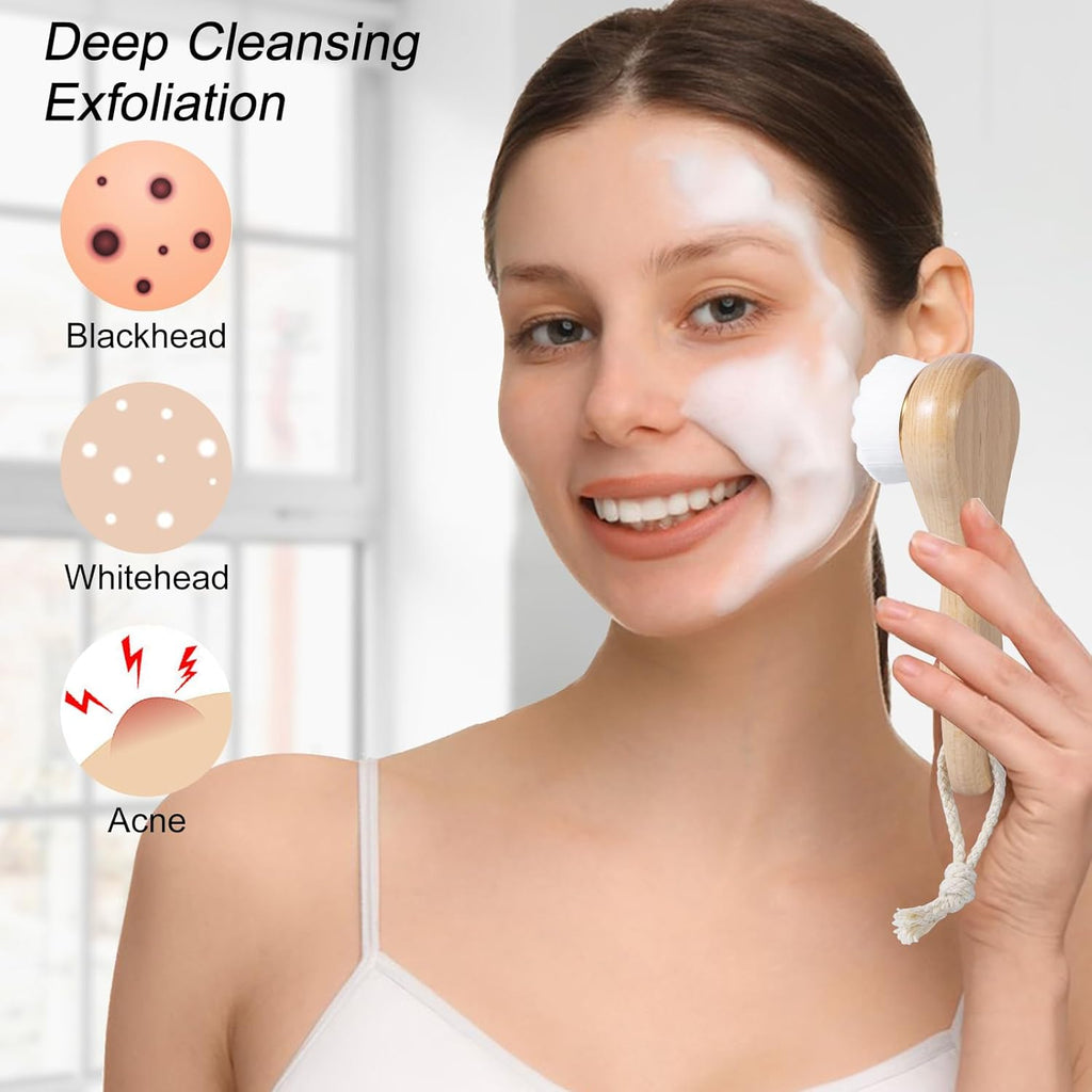 2 Pcs Face Scrubber with Wooden Handle, Facial Cleansing Brushes Face Wash Brush for Deep Pore Cleansing and Exfoliating, Ultra Soft Bristles Manual Dry Brush for Face Care