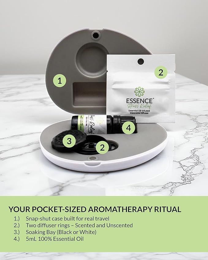 Essence Pearl Travel Case - Wearable Aromatherapy Kit with Nasal Diffuser Rings, Soaking Bay, and 5mL Essential Oil – Portable Wellness Gift Set for On?The?Go Self Care